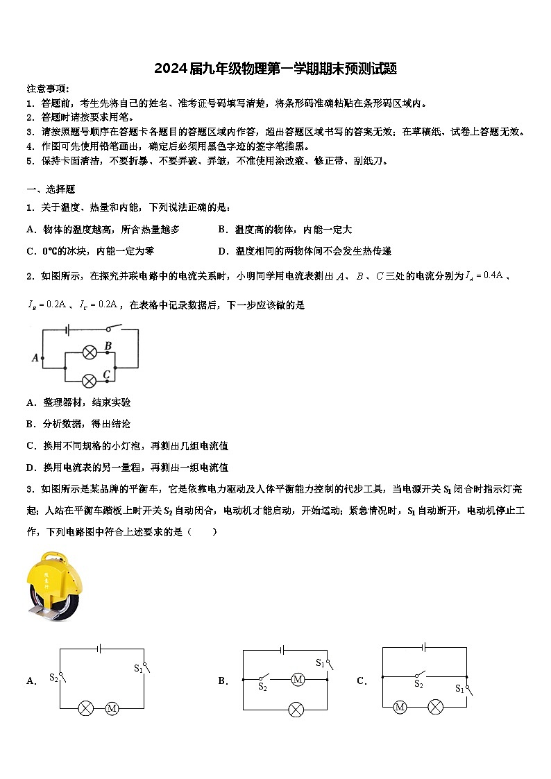 2024届九年级物理第一学期期末预测试题第1页