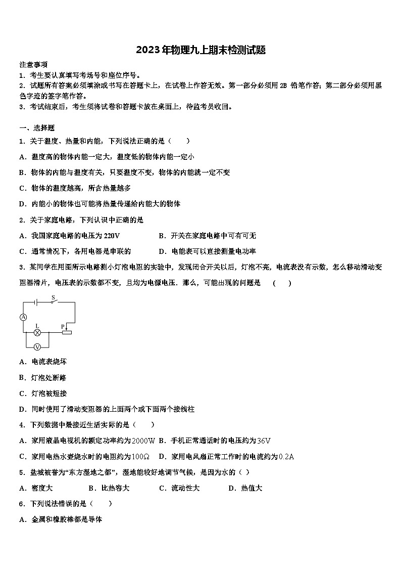 2023年物理九上期末检测试题第1页