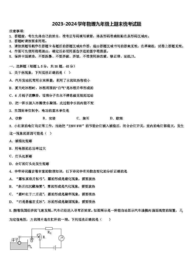 2023-2024学年物理九年级上期末统考试题01