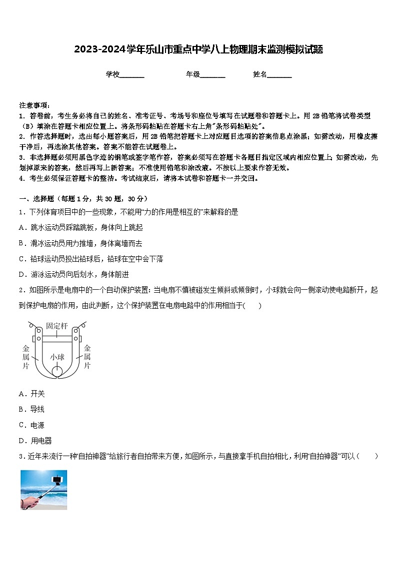 2023-2024学年乐山市重点中学八上物理期末监测模拟试题含答案01