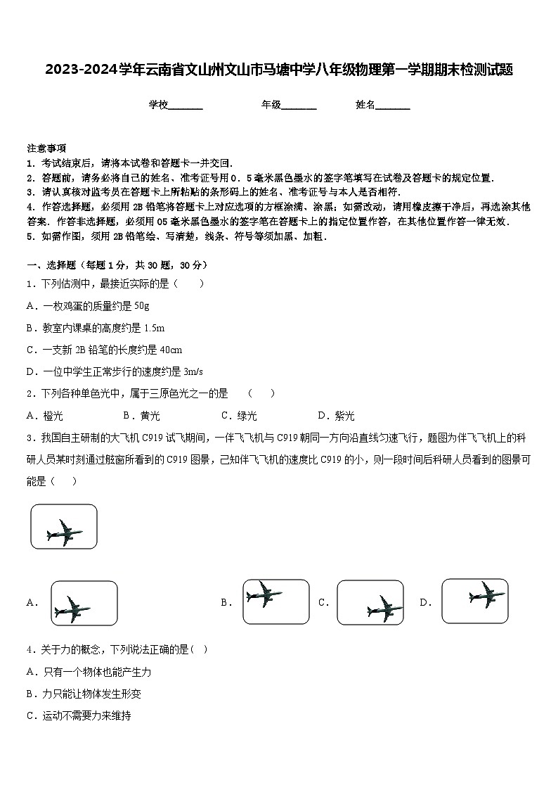 2023-2024学年云南省文山州文山市马塘中学八年级物理第一学期期末检测试题含答案第1页