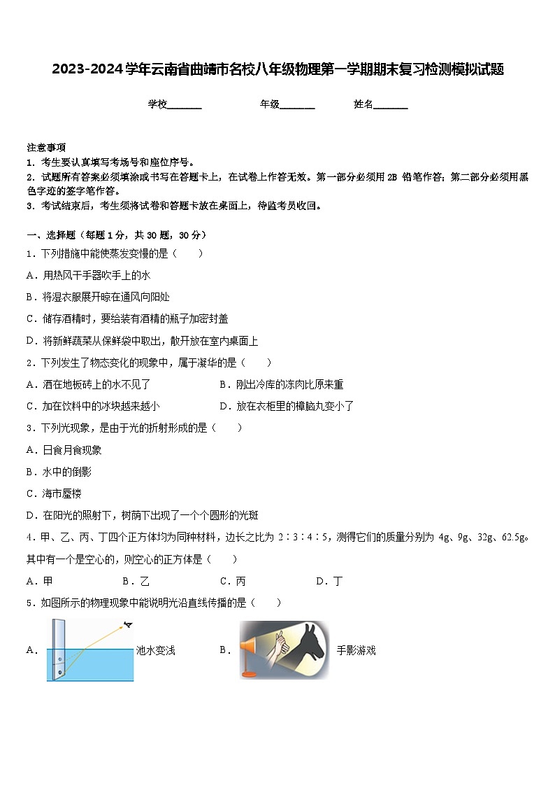 2023-2024学年云南省曲靖市名校八年级物理第一学期期末复习检测模拟试题含答案01