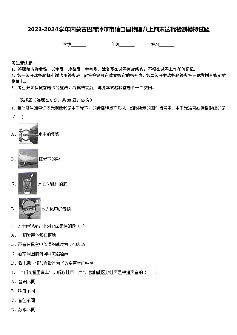2023-2024学年内蒙古巴彦淖尔市磴口县物理八上期末达标检测模拟试题含答案第1页