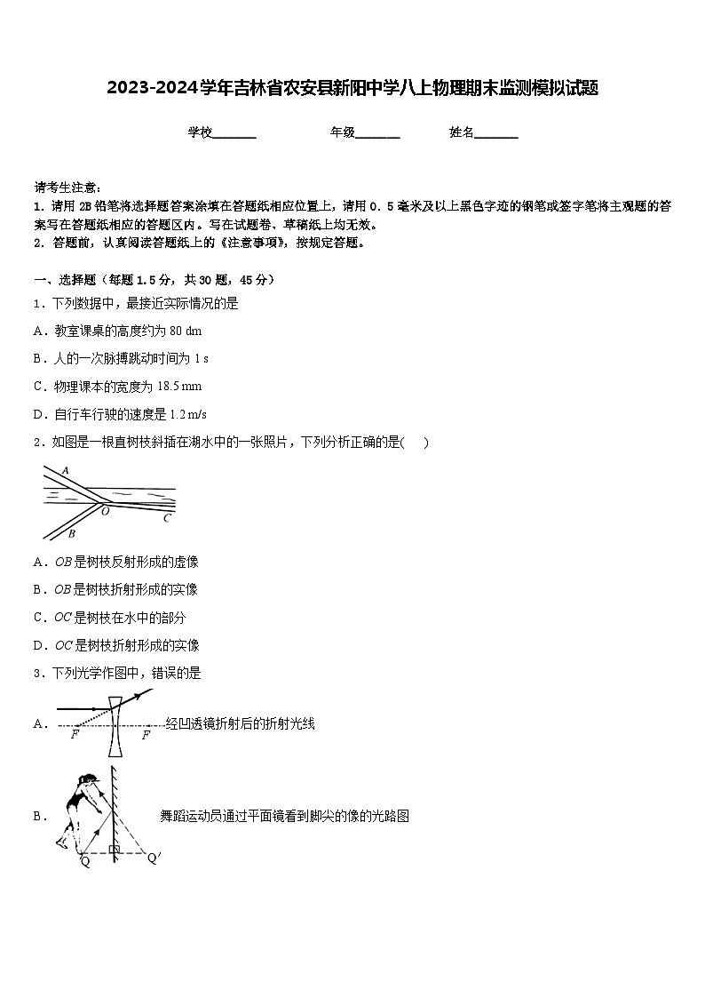 2023-2024学年吉林省农安县新阳中学八上物理期末监测模拟试题含答案01