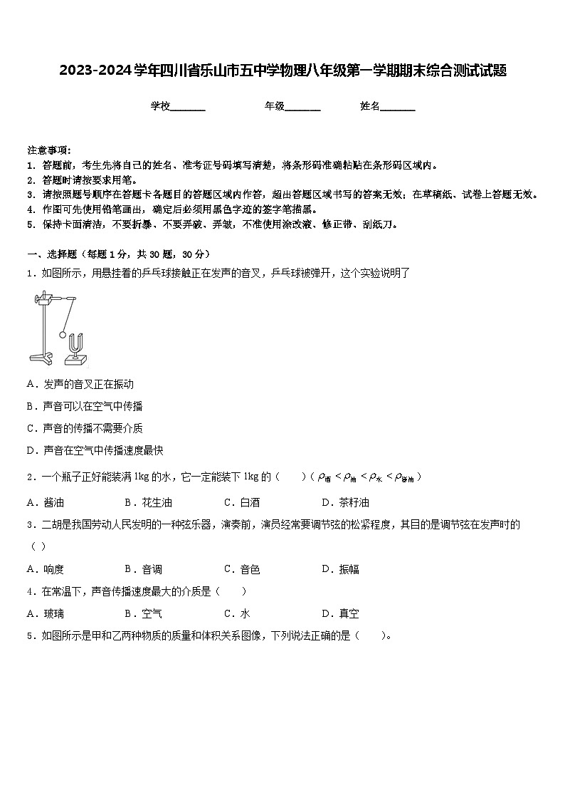 2023-2024学年四川省乐山市五中学物理八年级第一学期期末综合测试试题含答案第1页