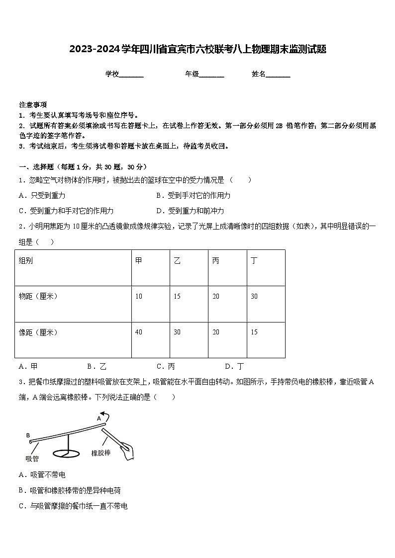 2023-2024学年四川省宜宾市六校联考八上物理期末监测试题含答案第1页