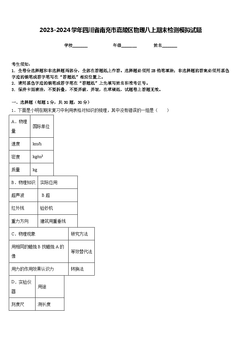 2023-2024学年四川省南充市嘉陵区物理八上期末检测模拟试题含答案第1页