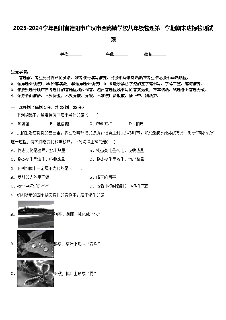 2023-2024学年四川省德阳市广汉市西高镇学校八年级物理第一学期期末达标检测试题含答案第1页