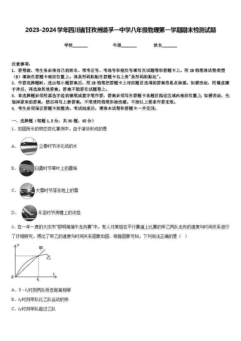 2023-2024学年四川省甘孜州道孚一中学八年级物理第一学期期末检测试题含答案第1页