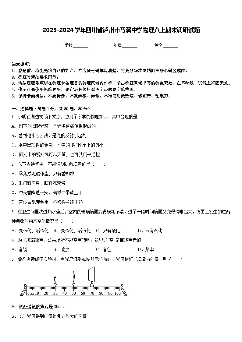 2023-2024学年四川省泸州市马溪中学物理八上期末调研试题含答案第1页