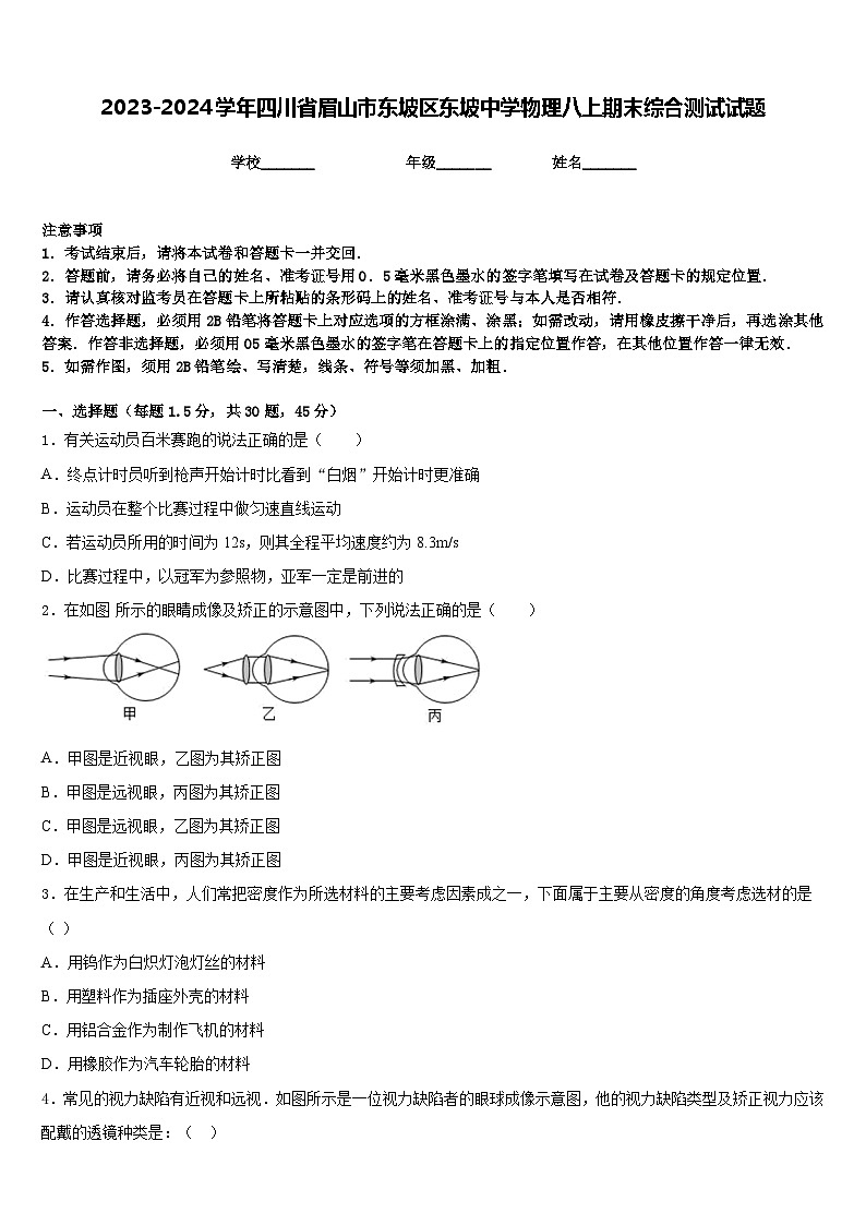 2023-2024学年四川省眉山市东坡区东坡中学物理八上期末综合测试试题含答案第1页