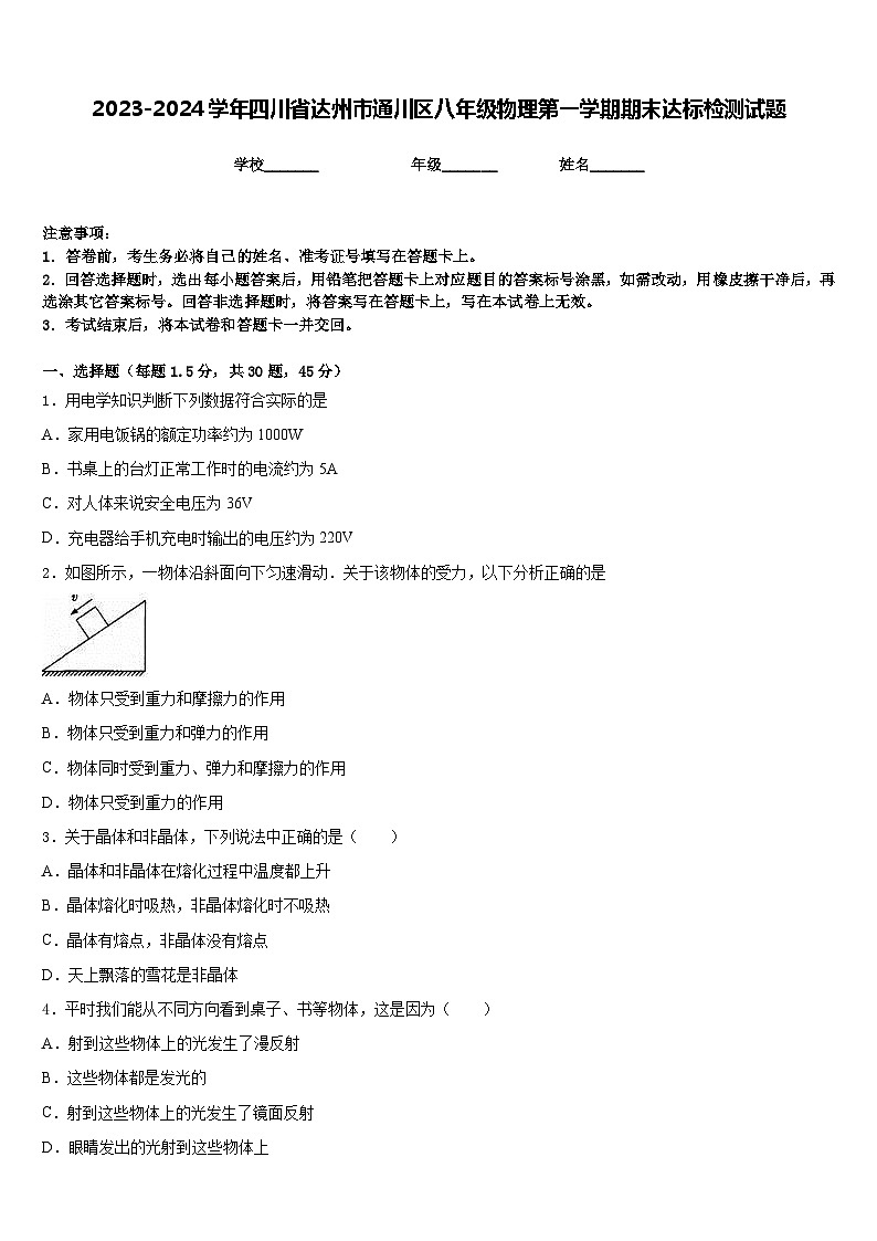 2023-2024学年四川省达州市通川区八年级物理第一学期期末达标检测试题含答案第1页