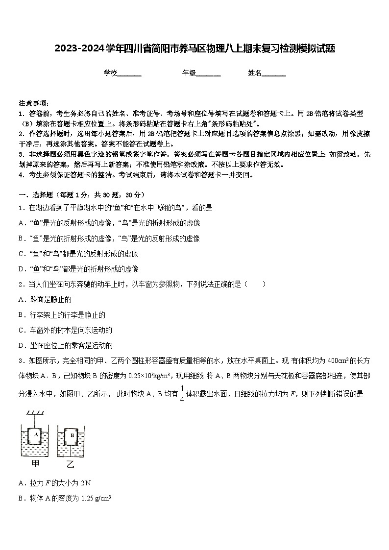 2023-2024学年四川省简阳市养马区物理八上期末复习检测模拟试题含答案第1页