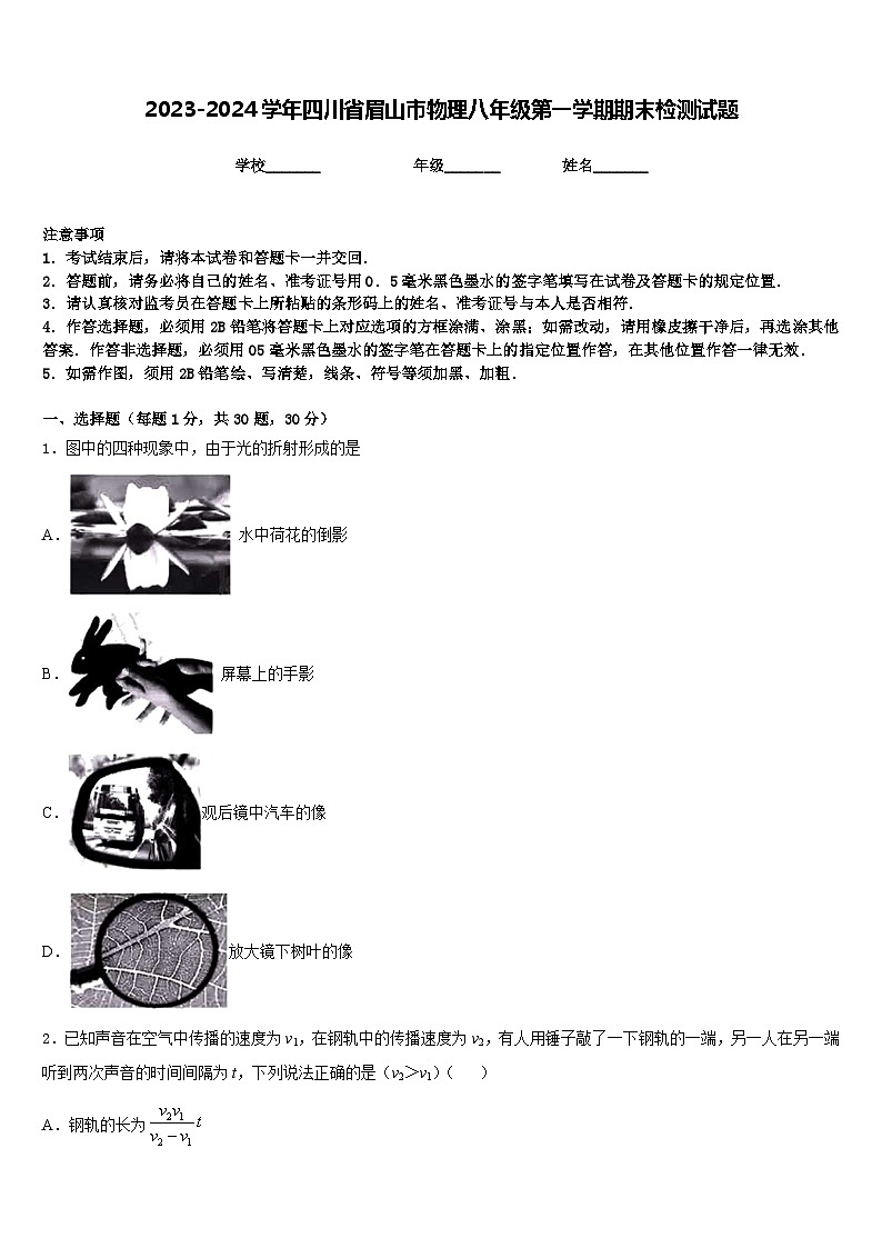 2023-2024学年四川省眉山市物理八年级第一学期期末检测试题含答案第1页