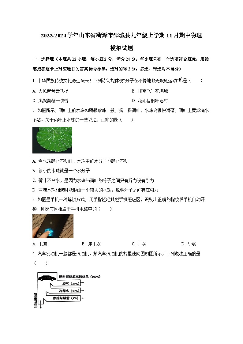 2023-2024学年山东省菏泽市鄄城县九年级上册11月期中物理测试卷（附答案）01