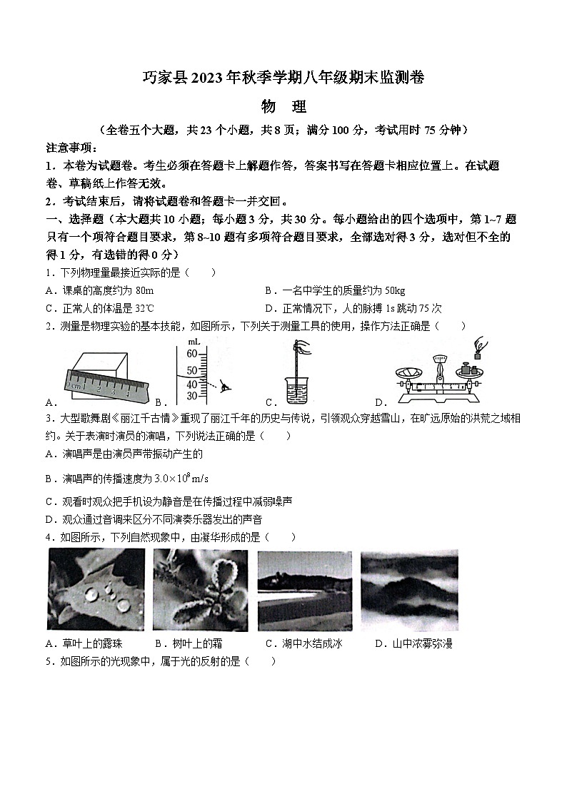 云南省昭通市巧家县2023-2024学年八年级上学期1月期末物理试题01