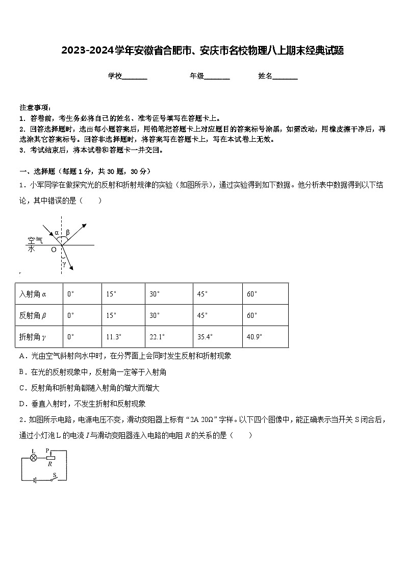 2023-2024学年安徽省合肥市、安庆市名校物理八上期末经典试题含答案第1页