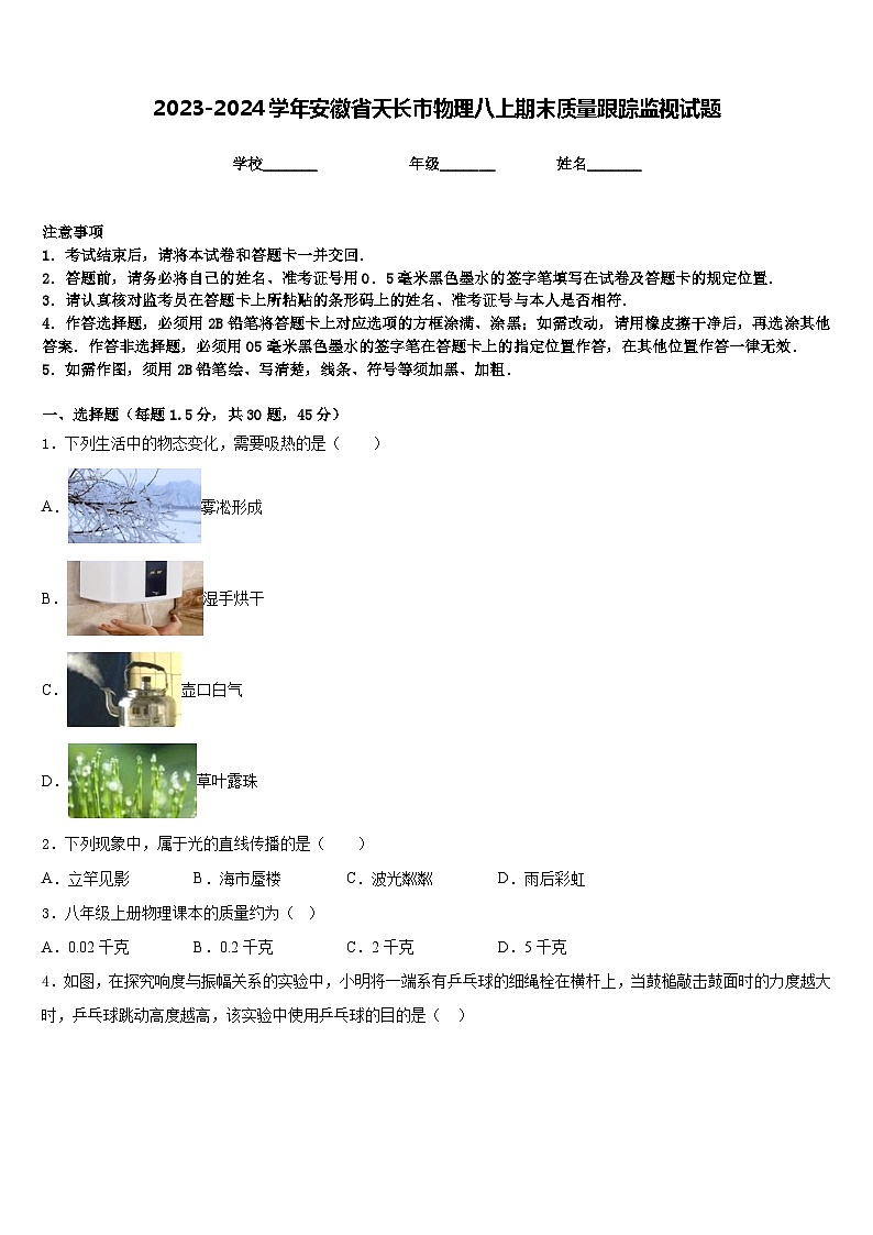 2023-2024学年安徽省天长市物理八上期末质量跟踪监视试题含答案第1页