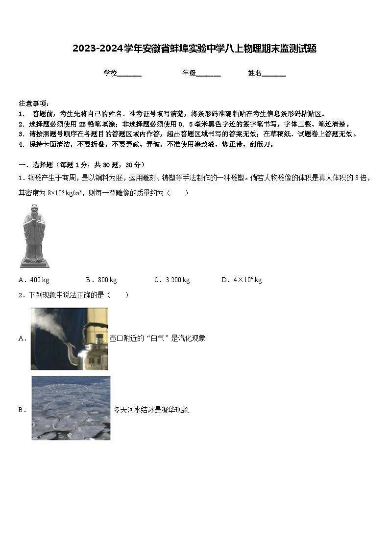 2023-2024学年安徽省蚌埠实验中学八上物理期末监测试题含答案01