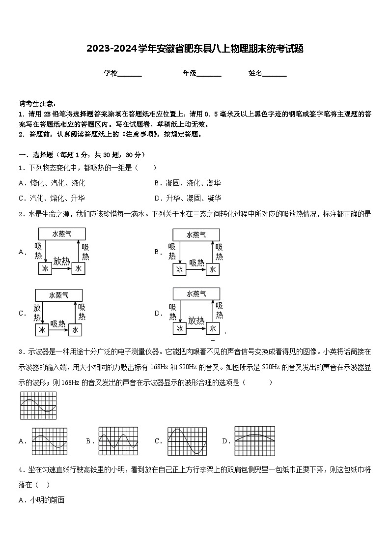 2023-2024学年安徽省肥东县八上物理期末统考试题含答案01