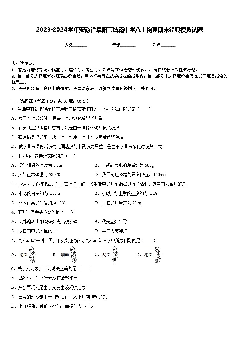 2023-2024学年安徽省阜阳市城南中学八上物理期末经典模拟试题含答案第1页