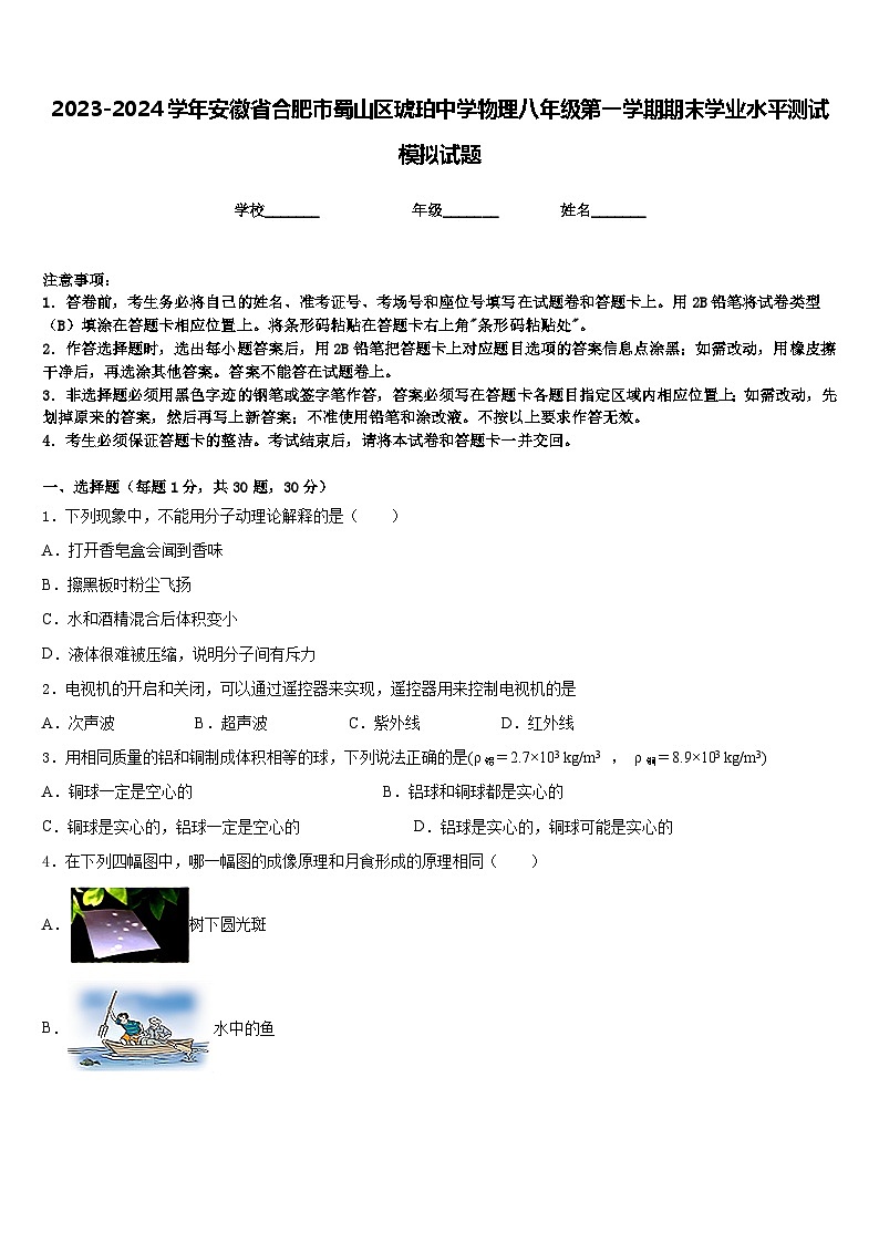 2023-2024学年安徽省合肥市蜀山区琥珀中学物理八年级第一学期期末学业水平测试模拟试题含答案01