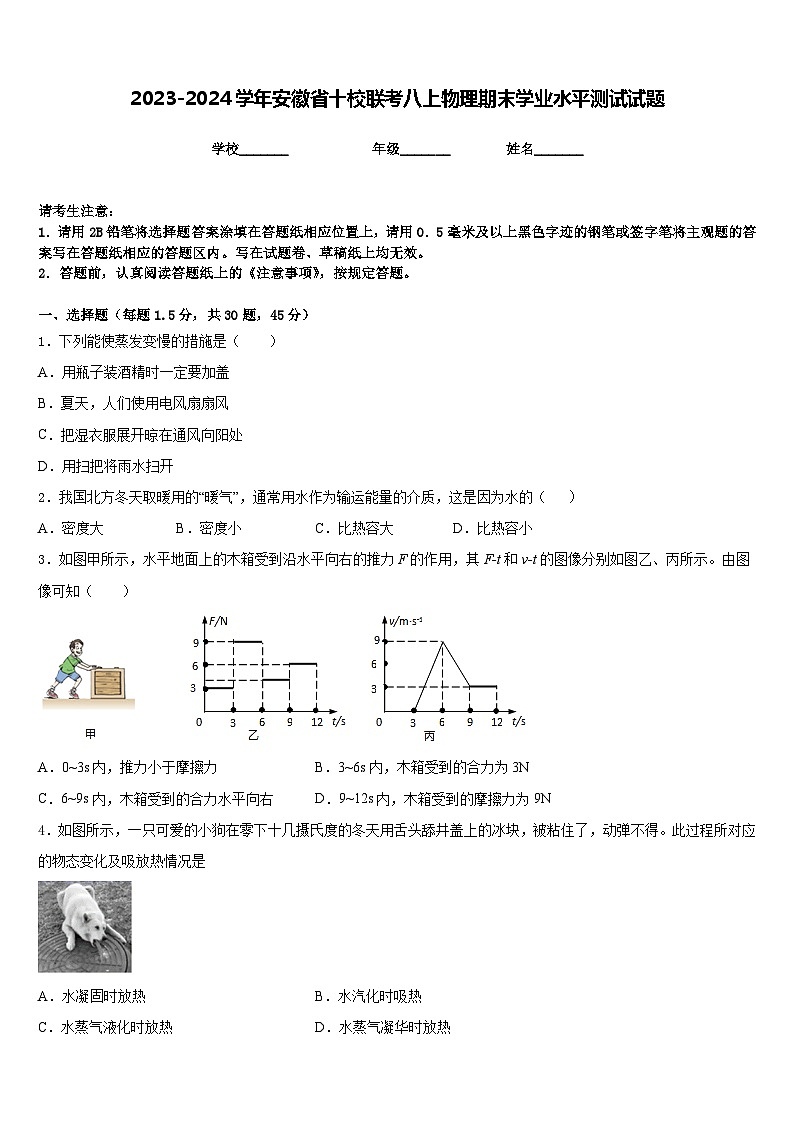 2023-2024学年安徽省十校联考八上物理期末学业水平测试试题含答案第1页