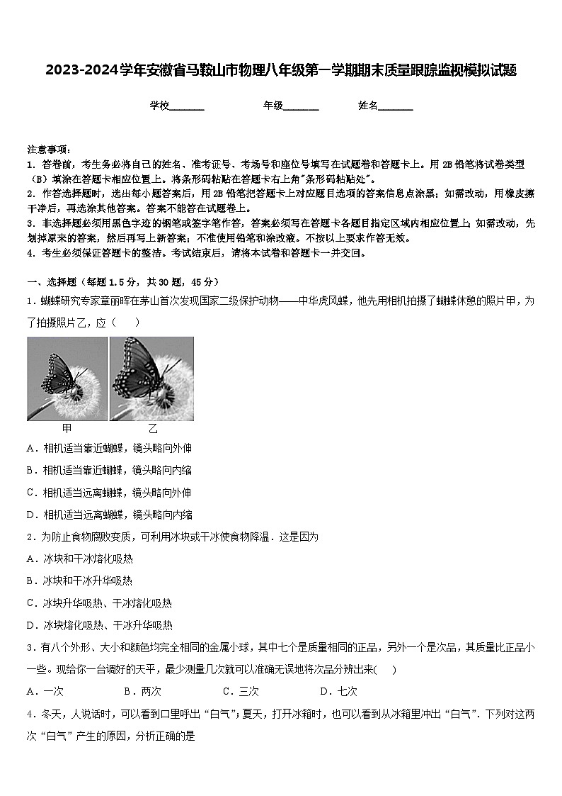 2023-2024学年安徽省马鞍山市物理八年级第一学期期末质量跟踪监视模拟试题含答案01
