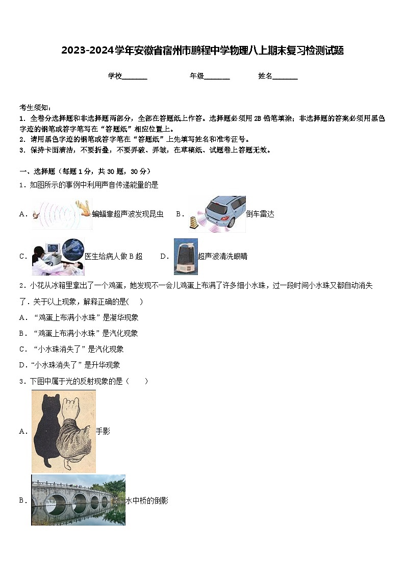 2023-2024学年安徽省宿州市鹏程中学物理八上期末复习检测试题含答案第1页