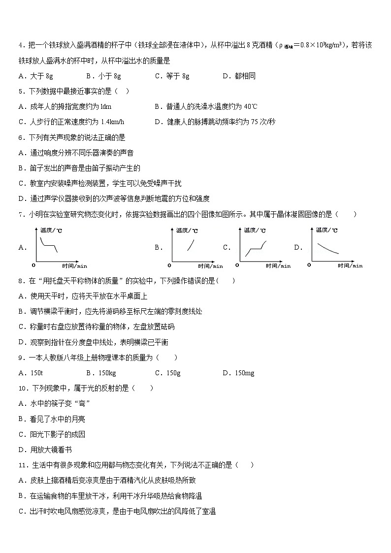 2023-2024学年安徽省无为县八上物理期末检测模拟试题含答案02