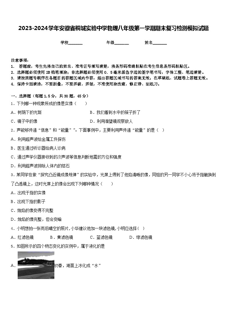 2023-2024学年安徽省桐城实验中学物理八年级第一学期期末复习检测模拟试题含答案第1页