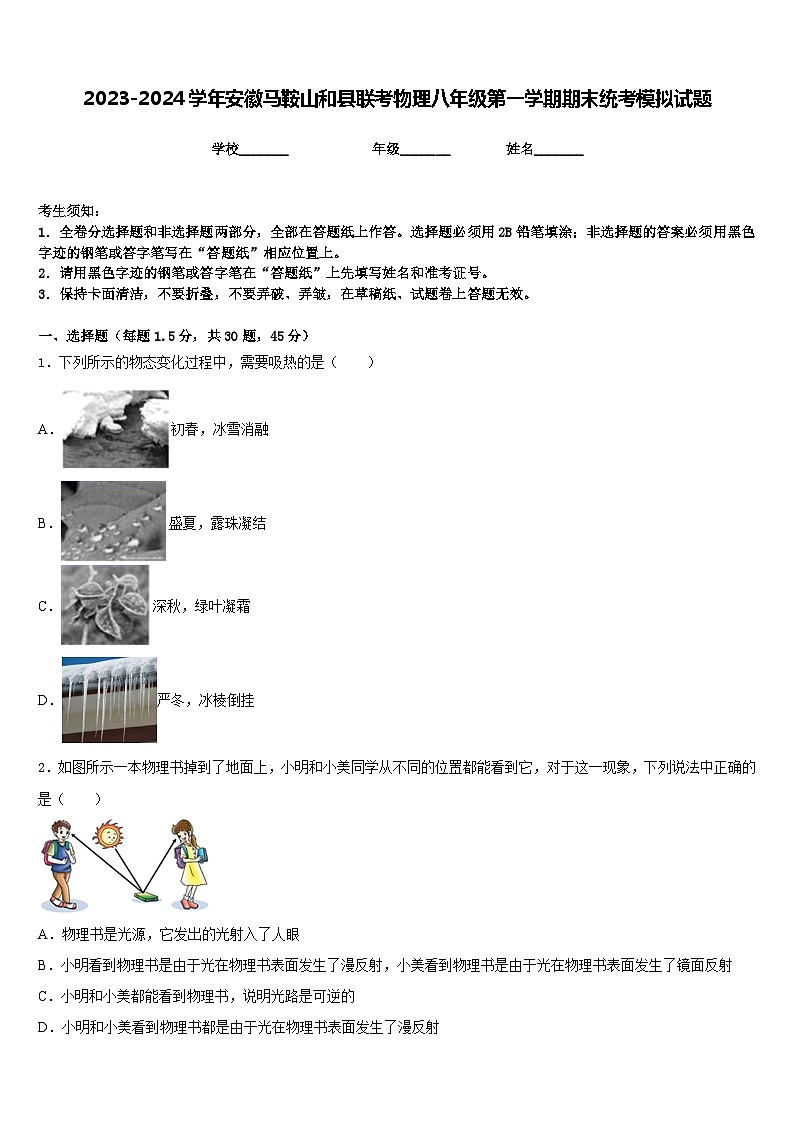 2023-2024学年安徽马鞍山和县联考物理八年级第一学期期末统考模拟试题含答案第1页