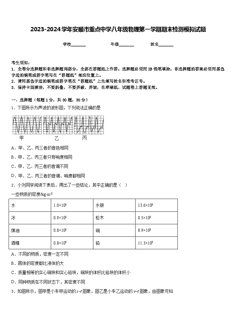 2023-2024学年安顺市重点中学八年级物理第一学期期末检测模拟试题含答案第1页