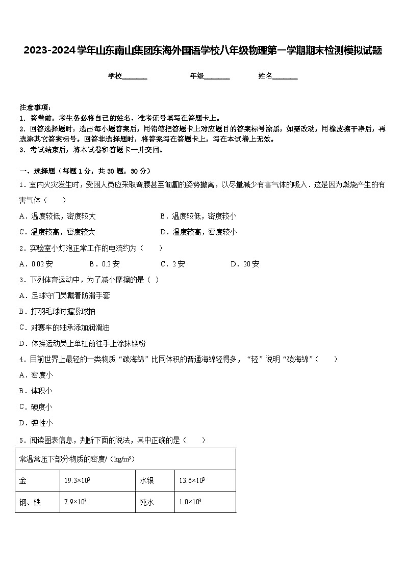 2023-2024学年山东南山集团东海外国语学校八年级物理第一学期期末检测模拟试题含答案第1页