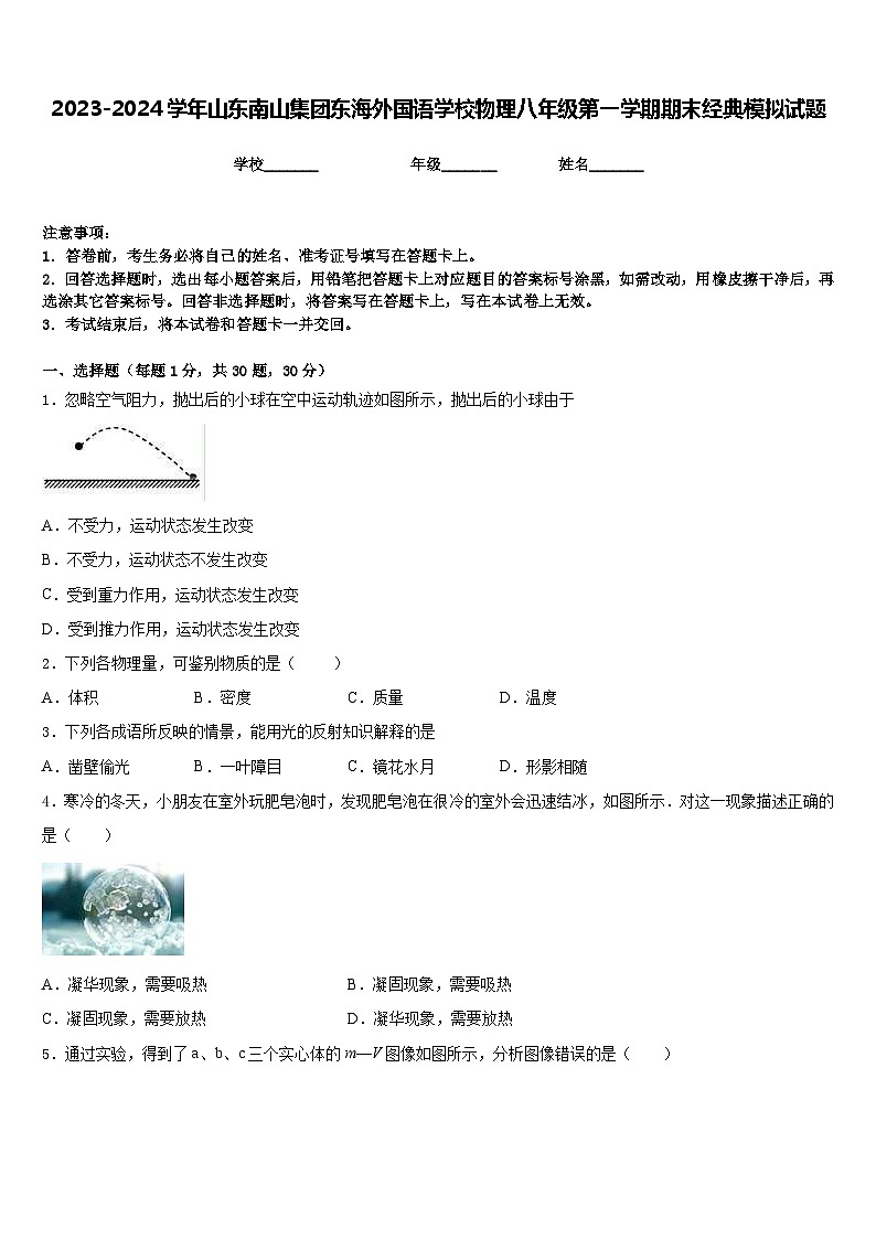 2023-2024学年山东南山集团东海外国语学校物理八年级第一学期期末经典模拟试题含答案第1页