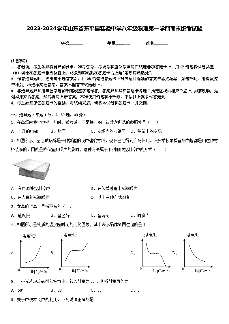 2023-2024学年山东省东平县实验中学八年级物理第一学期期末统考试题含答案01