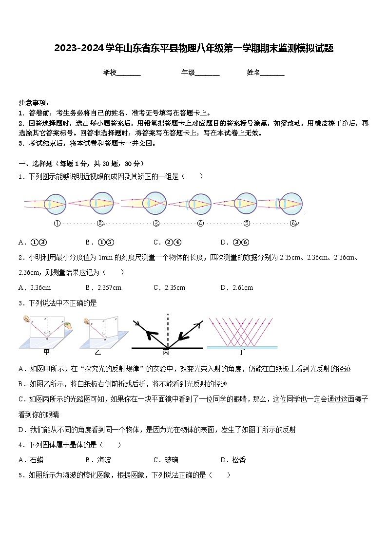 2023-2024学年山东省东平县物理八年级第一学期期末监测模拟试题含答案01