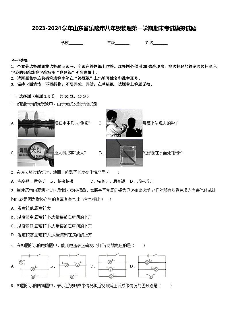 2023-2024学年山东省乐陵市八年级物理第一学期期末考试模拟试题含答案第1页