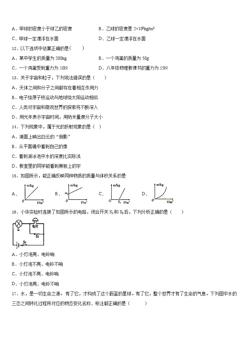 2023-2024学年山东省临沂蒙阴县联考物理八年级第一学期期末检测模拟试题含答案03