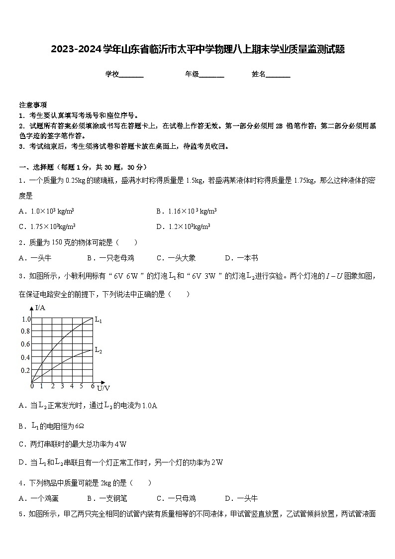 2023-2024学年山东省临沂市太平中学物理八上期末学业质量监测试题含答案第1页