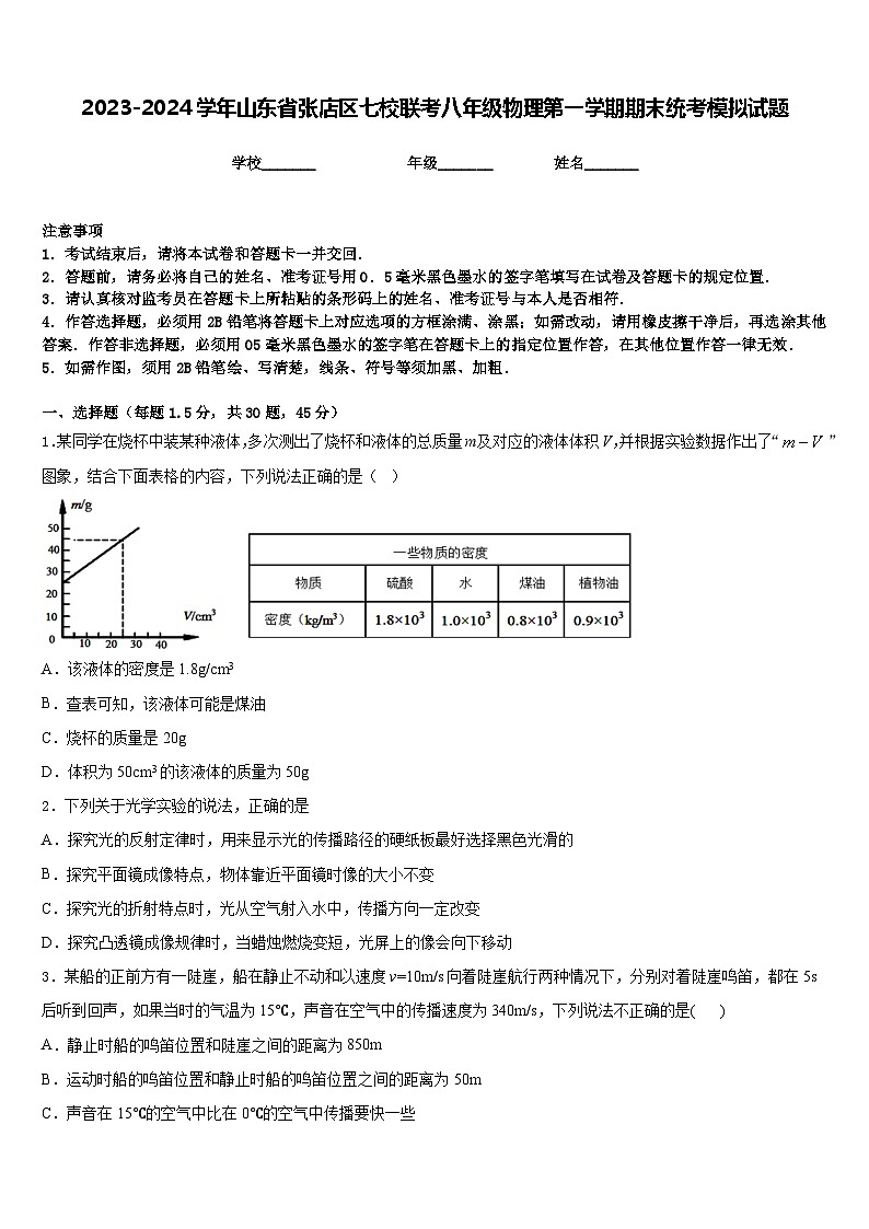 2023-2024学年山东省张店区七校联考八年级物理第一学期期末统考模拟试题含答案第1页