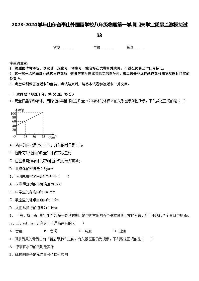 2023-2024学年山东省泰山外国语学校八年级物理第一学期期末学业质量监测模拟试题含答案第1页