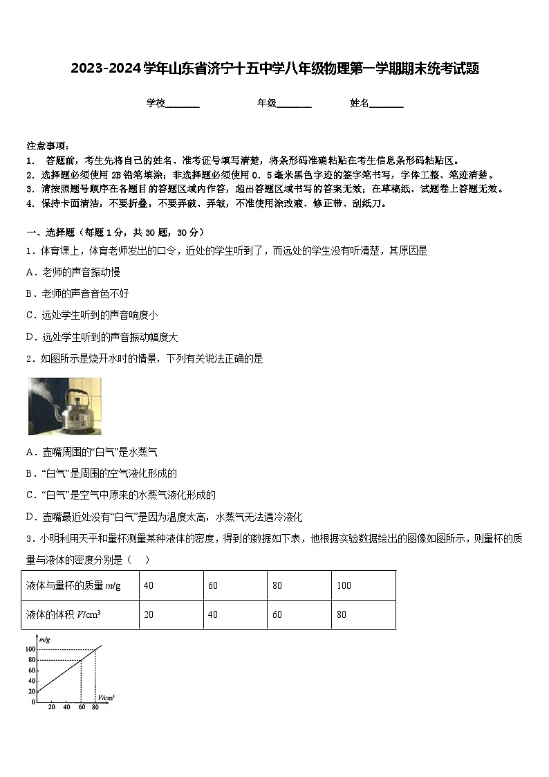 2023-2024学年山东省济宁十五中学八年级物理第一学期期末统考试题含答案第1页