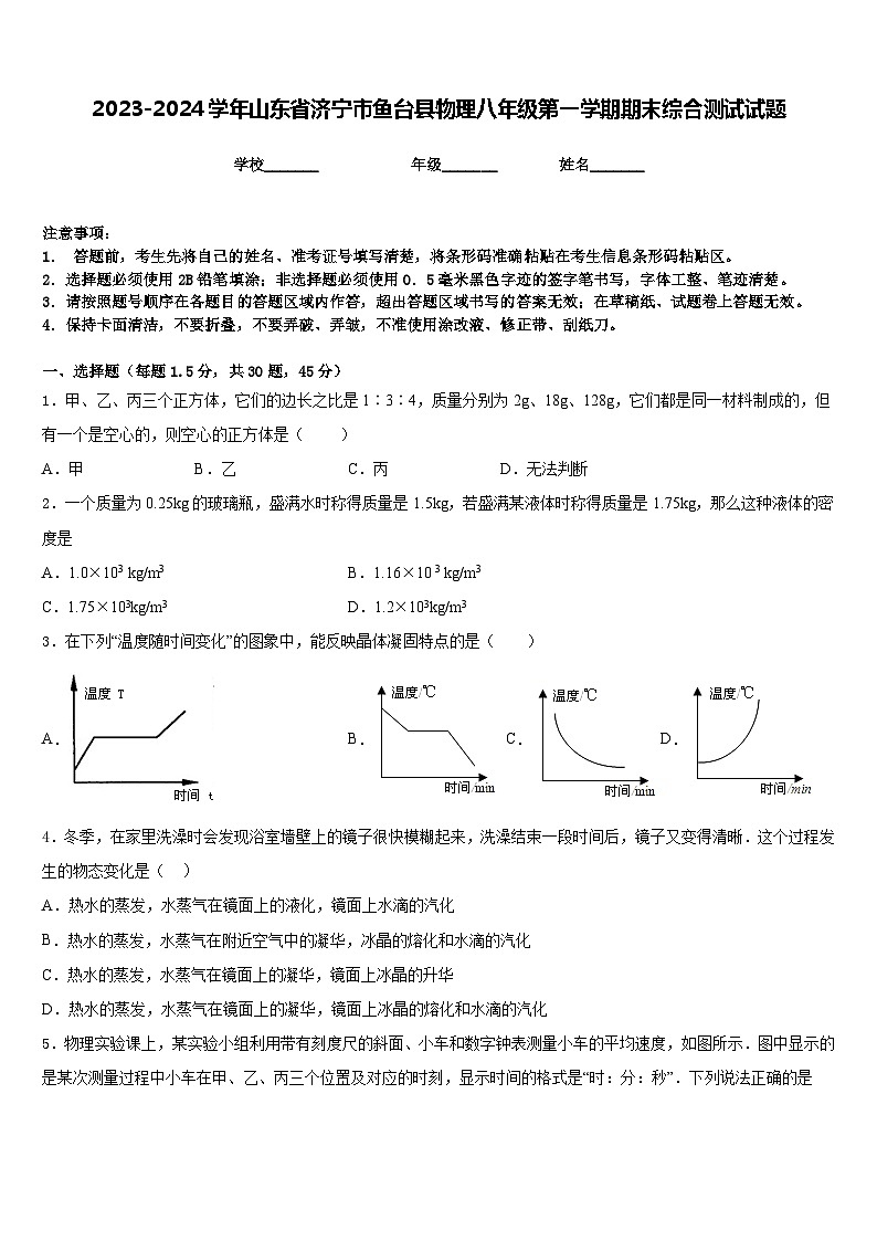 2023-2024学年山东省济宁市鱼台县物理八年级第一学期期末综合测试试题含答案01