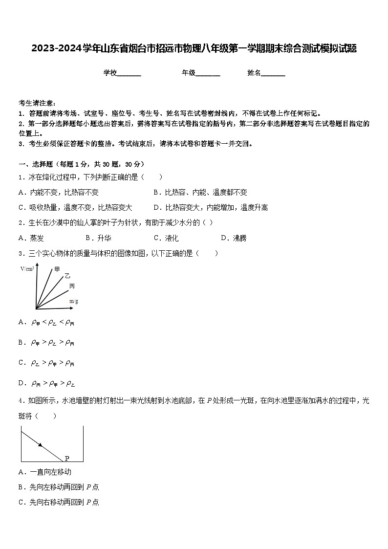 2023-2024学年山东省烟台市招远市物理八年级第一学期期末综合测试模拟试题含答案01