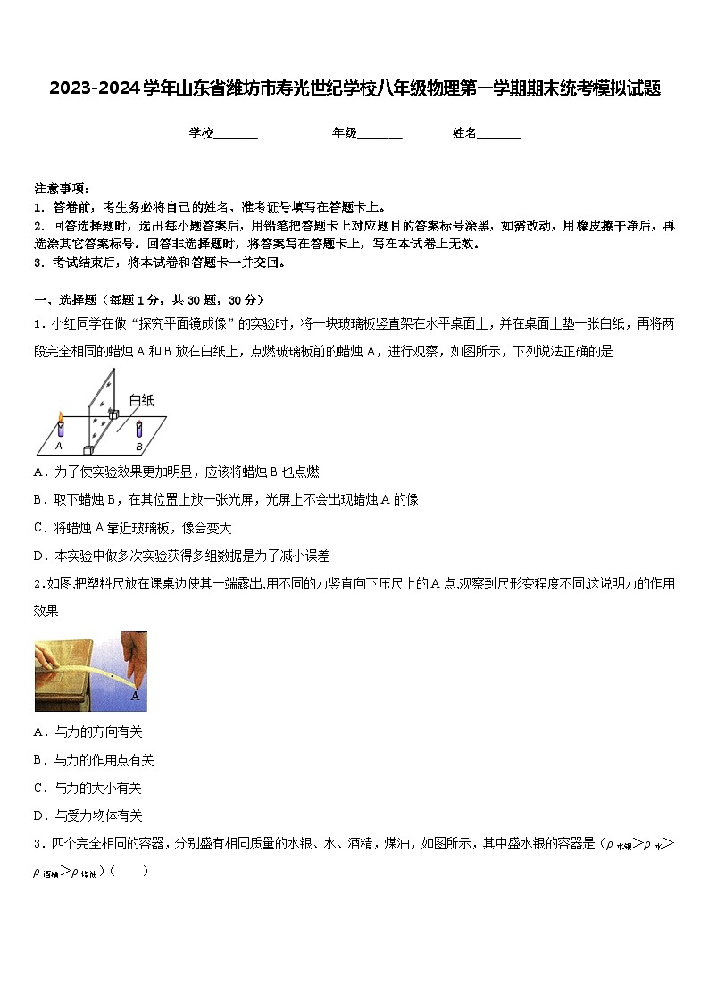 2023-2024学年山东省潍坊市寿光世纪学校八年级物理第一学期期末统考模拟试题含答案第1页