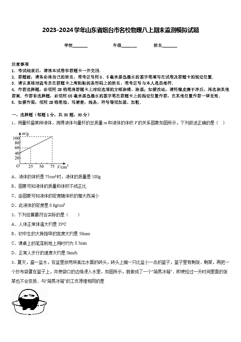 2023-2024学年山东省烟台市名校物理八上期末监测模拟试题含答案第1页