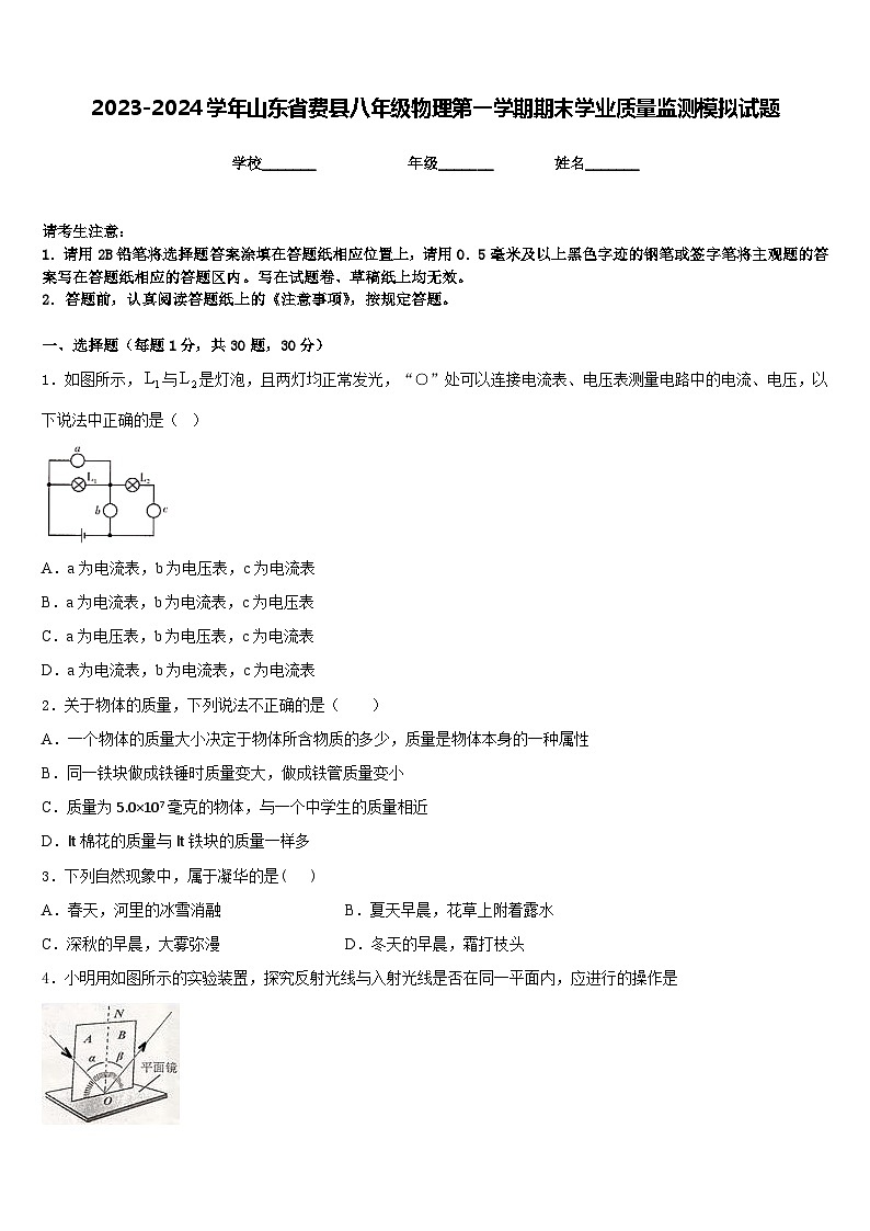 2023-2024学年山东省费县八年级物理第一学期期末学业质量监测模拟试题含答案第1页