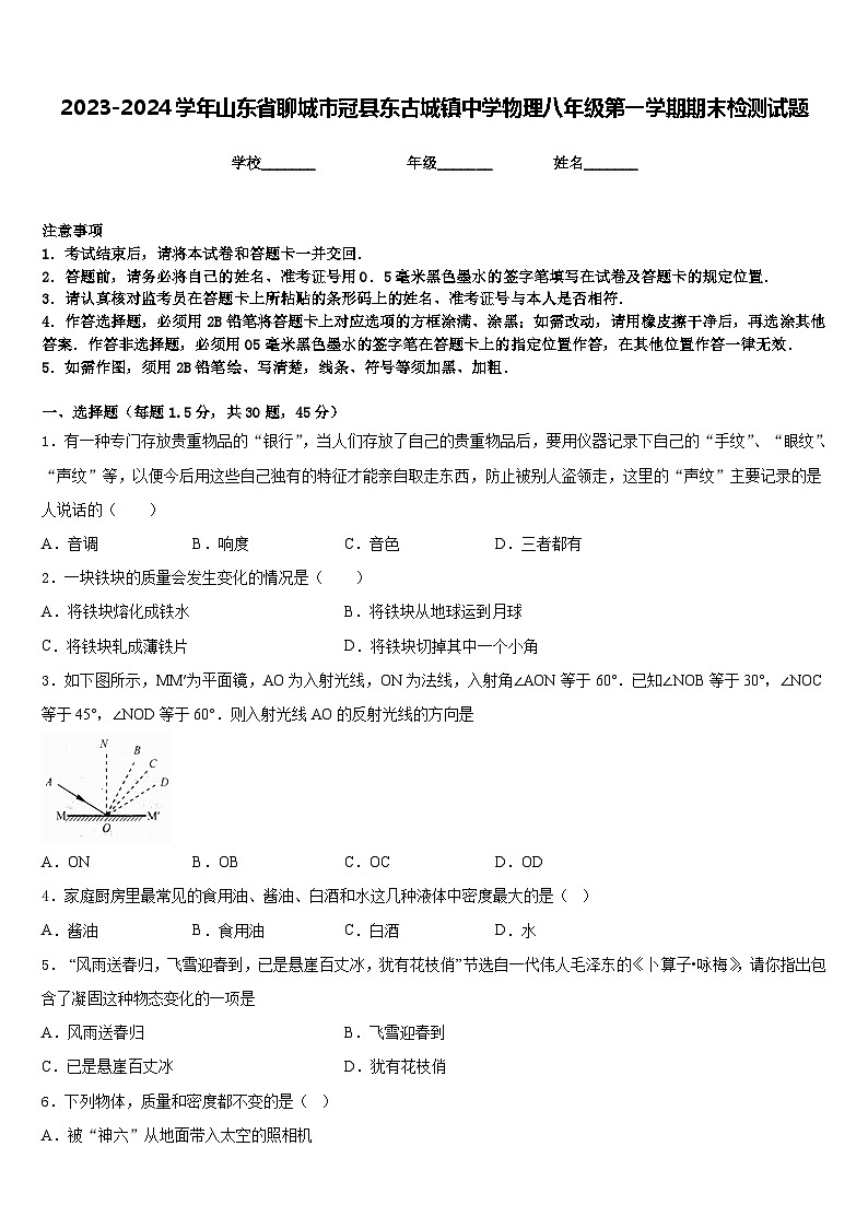 2023-2024学年山东省聊城市冠县东古城镇中学物理八年级第一学期期末检测试题含答案01