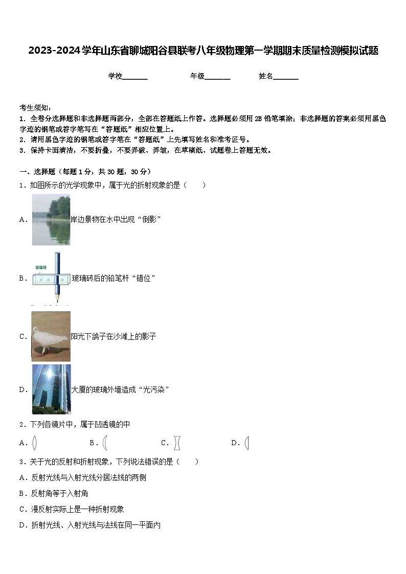 2023-2024学年山东省聊城阳谷县联考八年级物理第一学期期末质量检测模拟试题含答案第1页